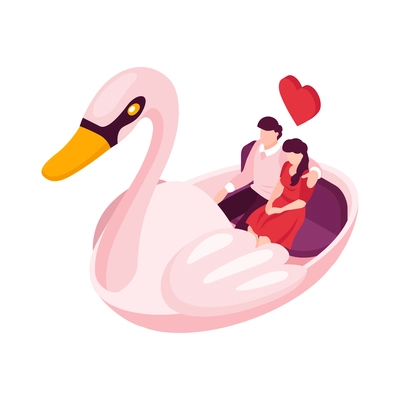 Isometric people dating couple valentines day composition with lovers sitting together in swan shaped boat vector illustration