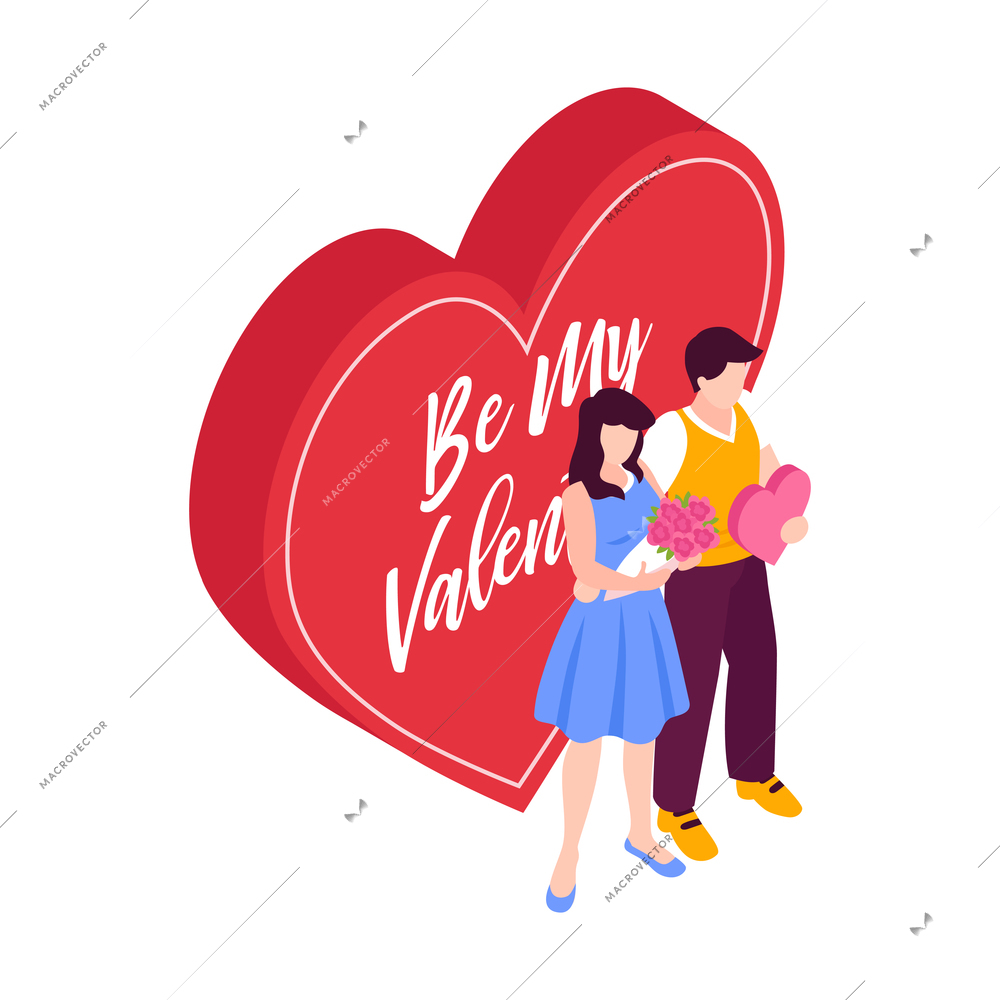 Isometric people dating couple valentines day composition with characters of lovers holding hearts with text vector illustration