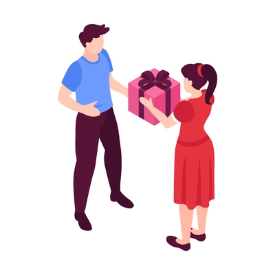 Isometric people dating couple valentines day composition with girl giving gift box to boy vector illustration