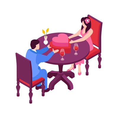 Isometric people dating couple valentines day composition with lovers sitting at table with heart shaped cake vector illustration