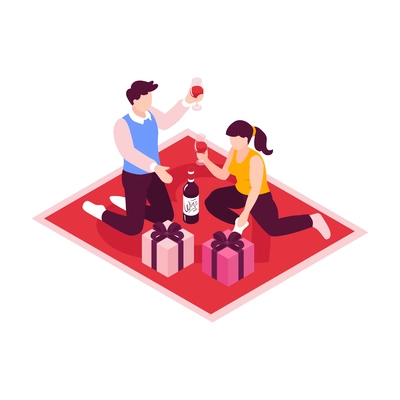 Isometric people dating couple valentines day composition with characters of lovers drinking wine unpacking gift boxes vector illustration