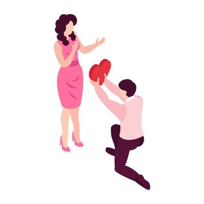 Isometric people dating couple valentines day composition with man giving heart to woman vector illustration