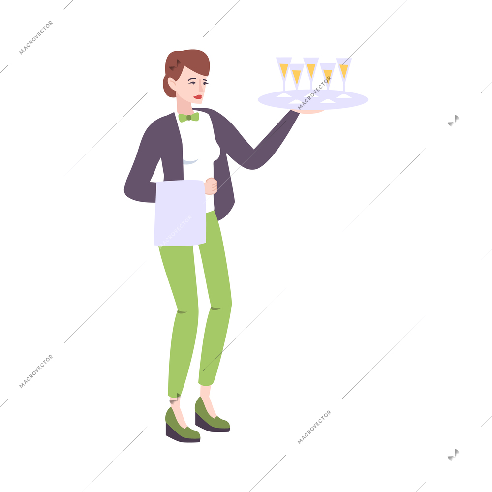 Wedding people composition with isolated character of female waiter holding tray with glasses of drinks vector illustration