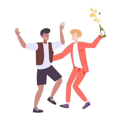 Wedding people composition with isolated characters of two dancing guys with firecrackers champagne bottles vector illustration