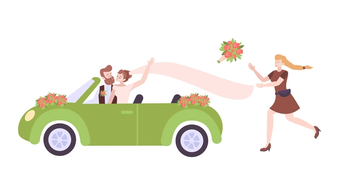 Wedding people composition with characters of newly wedded couple in cabrio car with flowers and running girl vector illustration