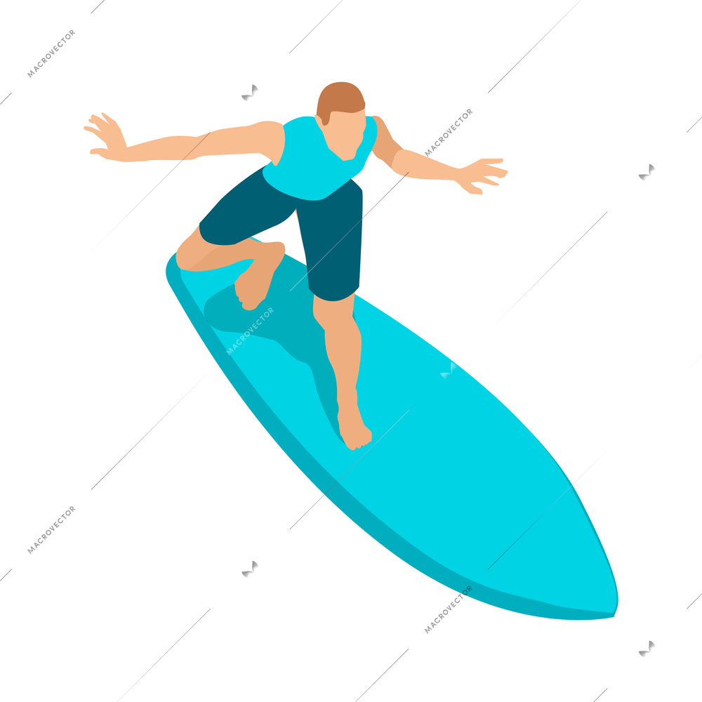 Isometric surfing composition with isolated human character on light blue surfing board on blank background vector illusration