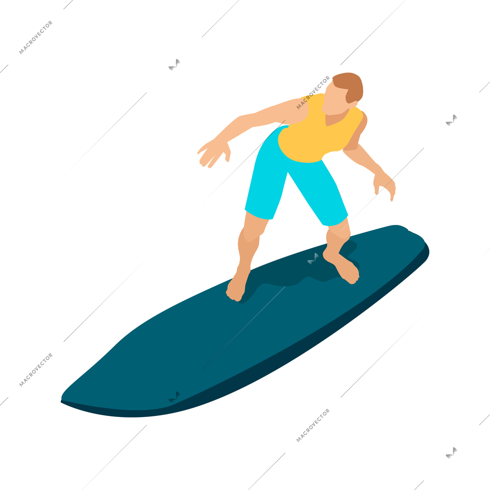 Isometric surfing composition with isolated human character on blue surfing board on blank background vector illusration