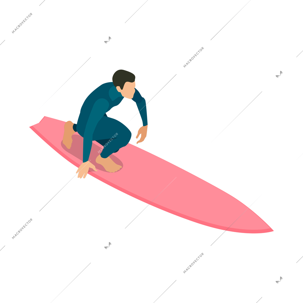 Isometric surfing composition with isolated human character on pink surfing board on blank background vector illusration
