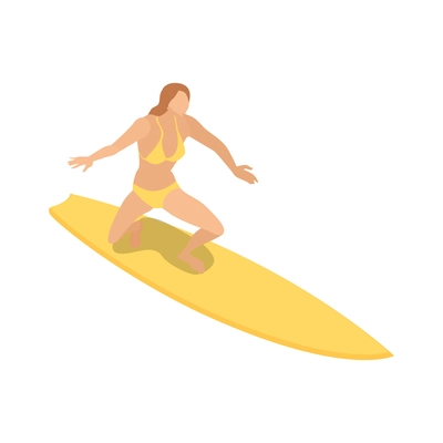 Isometric surfing composition with isolated character of woman on yellow surfing board on blank background vector illusration