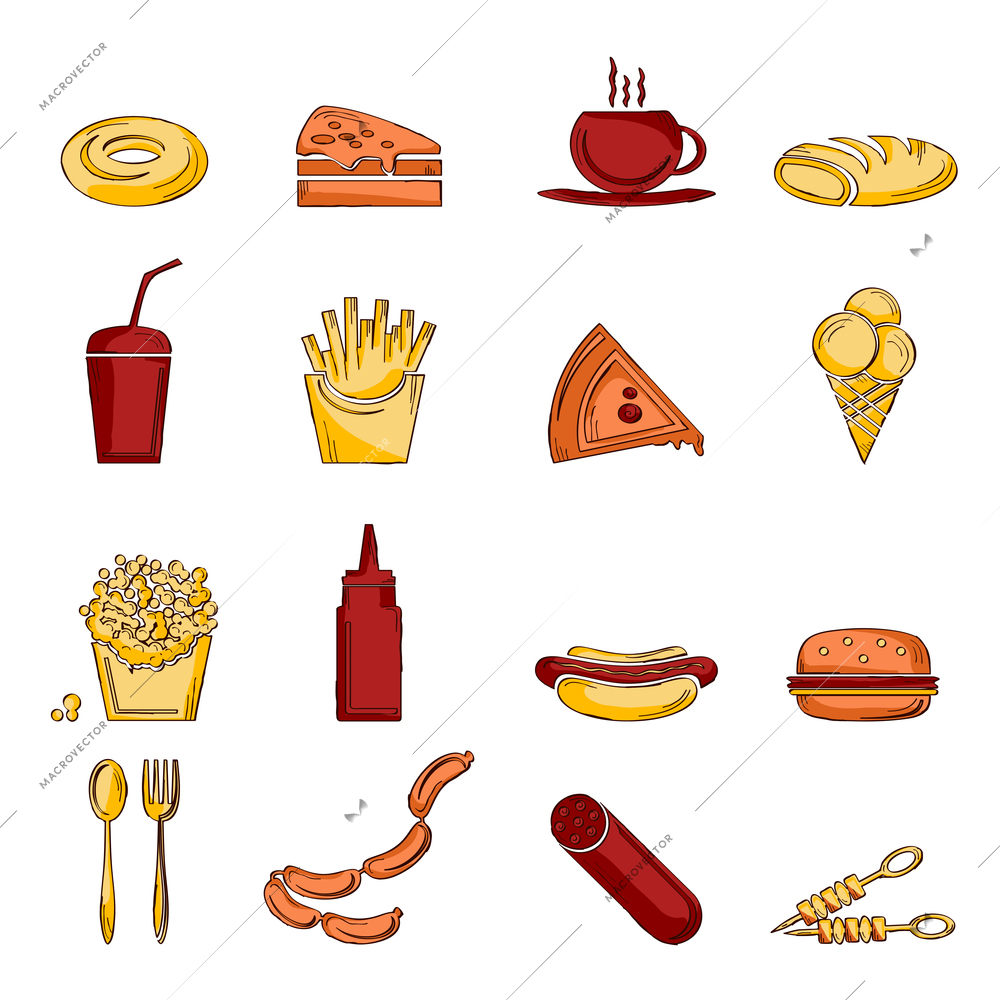 Fast food icons sketch set of doughnut pizza cup bread isolated vector illustration