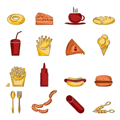 Fast food icons sketch set of doughnut pizza cup bread isolated vector illustration