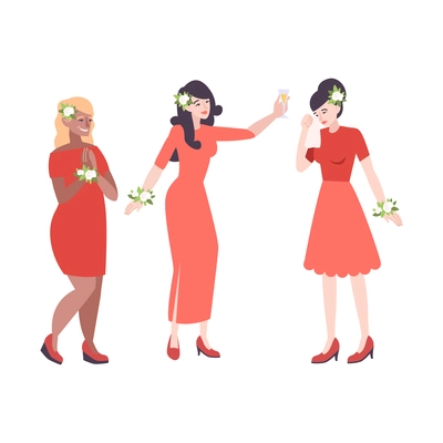 Wedding people composition with isolated characters of girls in red dresses friends of bride vector illustration