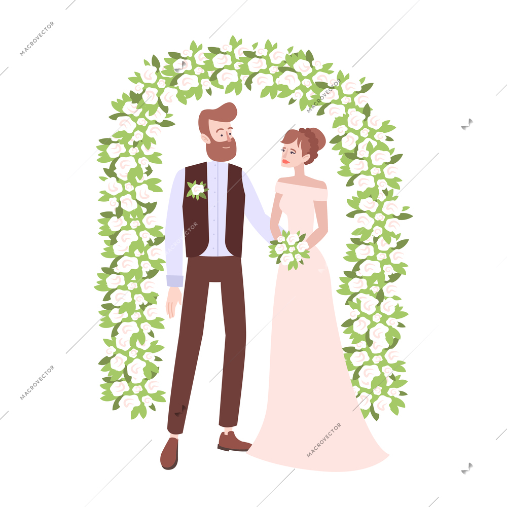 Wedding people composition with isolated characters of bride and groom standing in flowers arch vector illustration