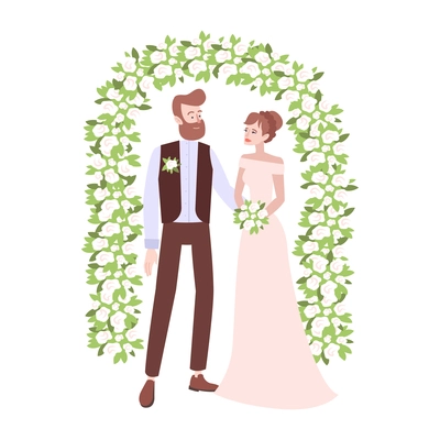Wedding people composition with isolated characters of bride and groom standing in flowers arch vector illustration