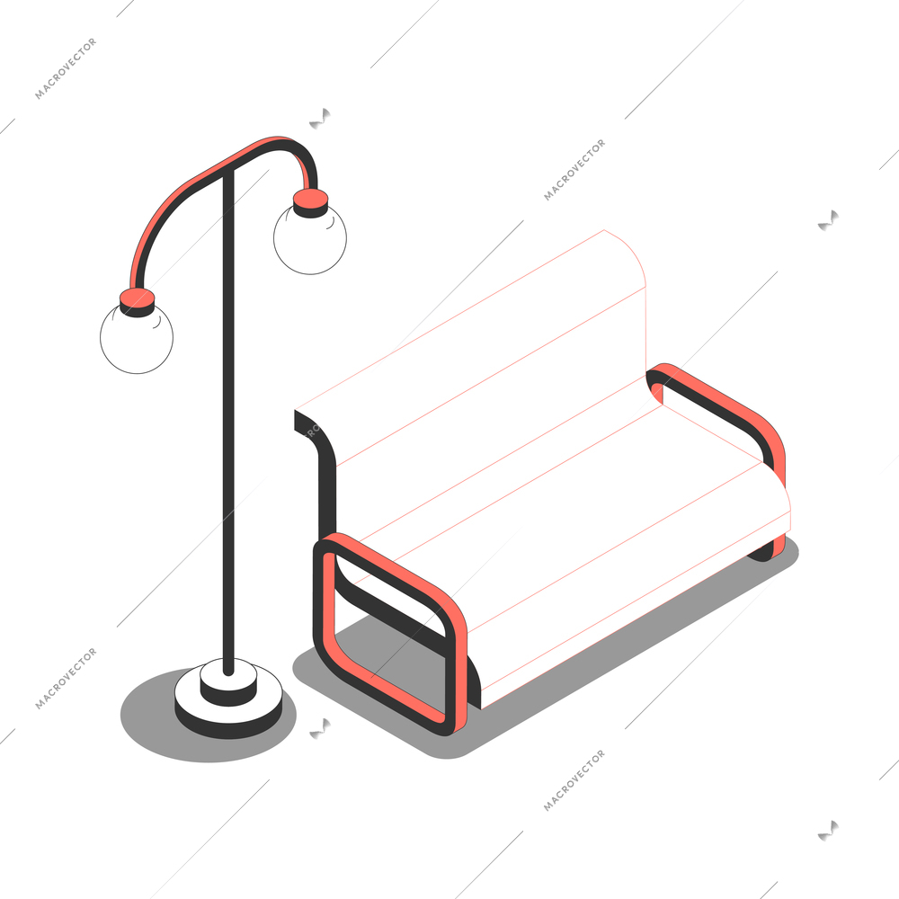 Metropolis isometric composition with isolated image of bench with lamp post vector illustration