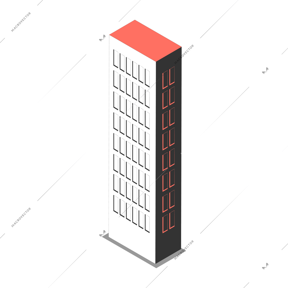 Metropolis isometric composition with isolated image of thin skyscraper vector illustration