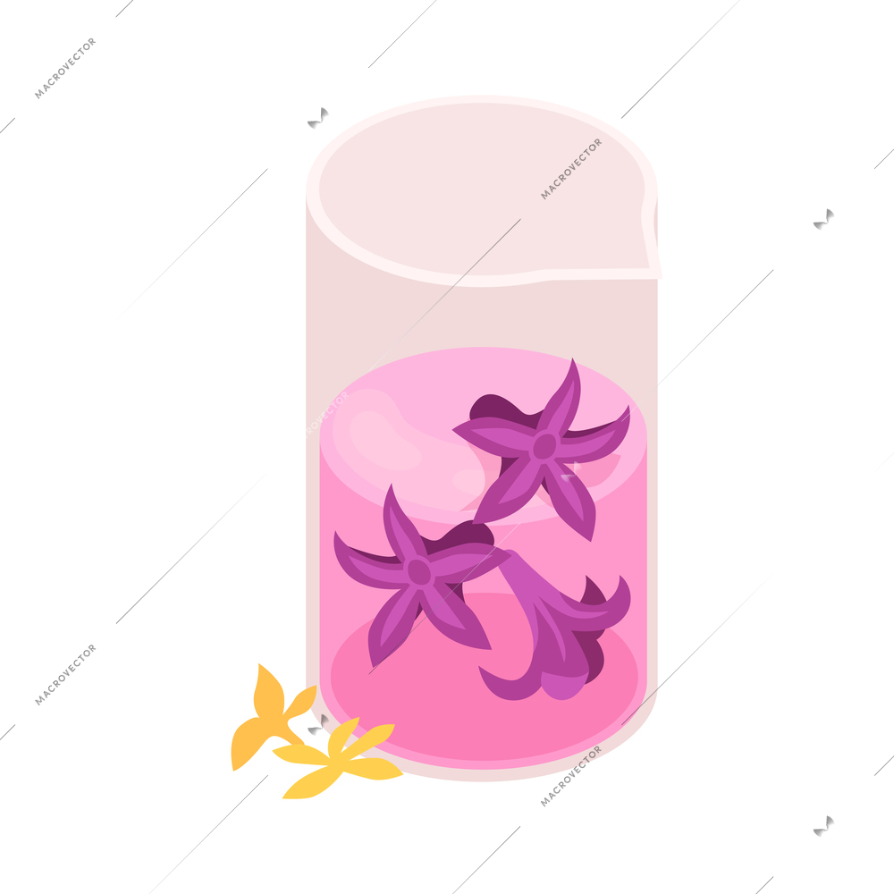 Isometric perfume composition with isolated image of glass can with purple liquid and flowers vector illustration