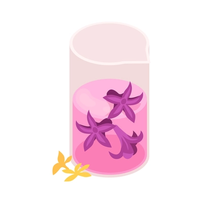 Isometric perfume composition with isolated image of glass can with purple liquid and flowers vector illustration