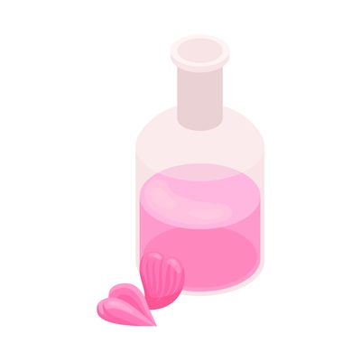 Isometric perfume composition with isolated image of glass flask with purple lotion vector illustration