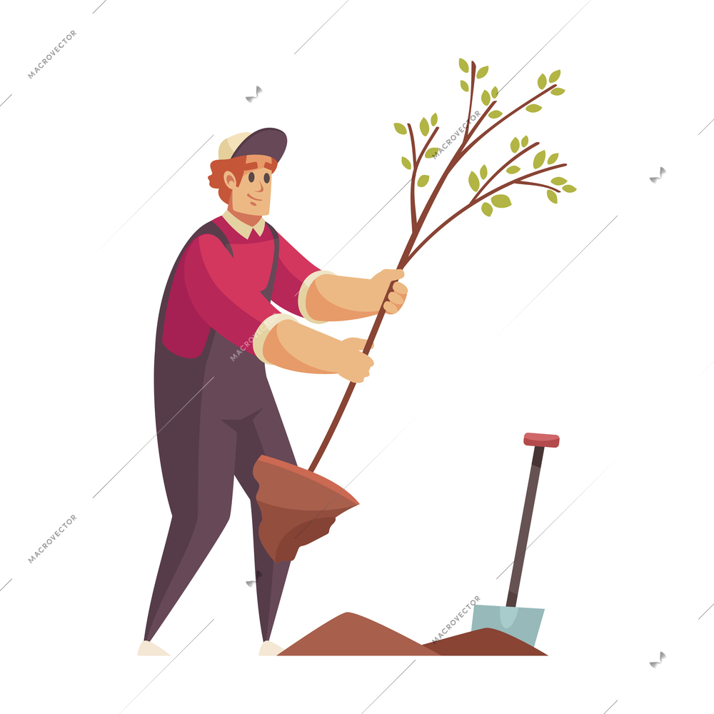 Professional gardener grass shrubbery trees hedges composition with male gardener holding fresh plant for digging vector illustration