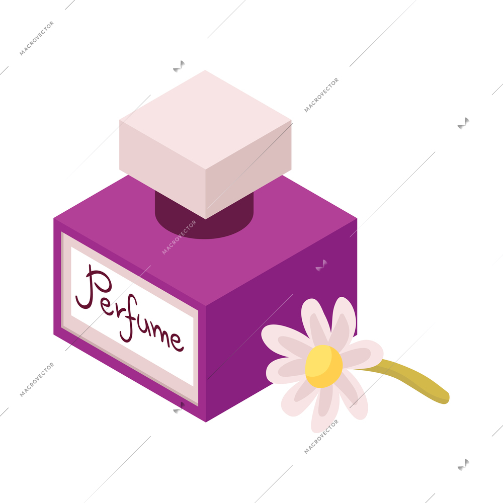 Isometric perfume composition with isolated image of cube shaped flask of perfume with flower vector illustration