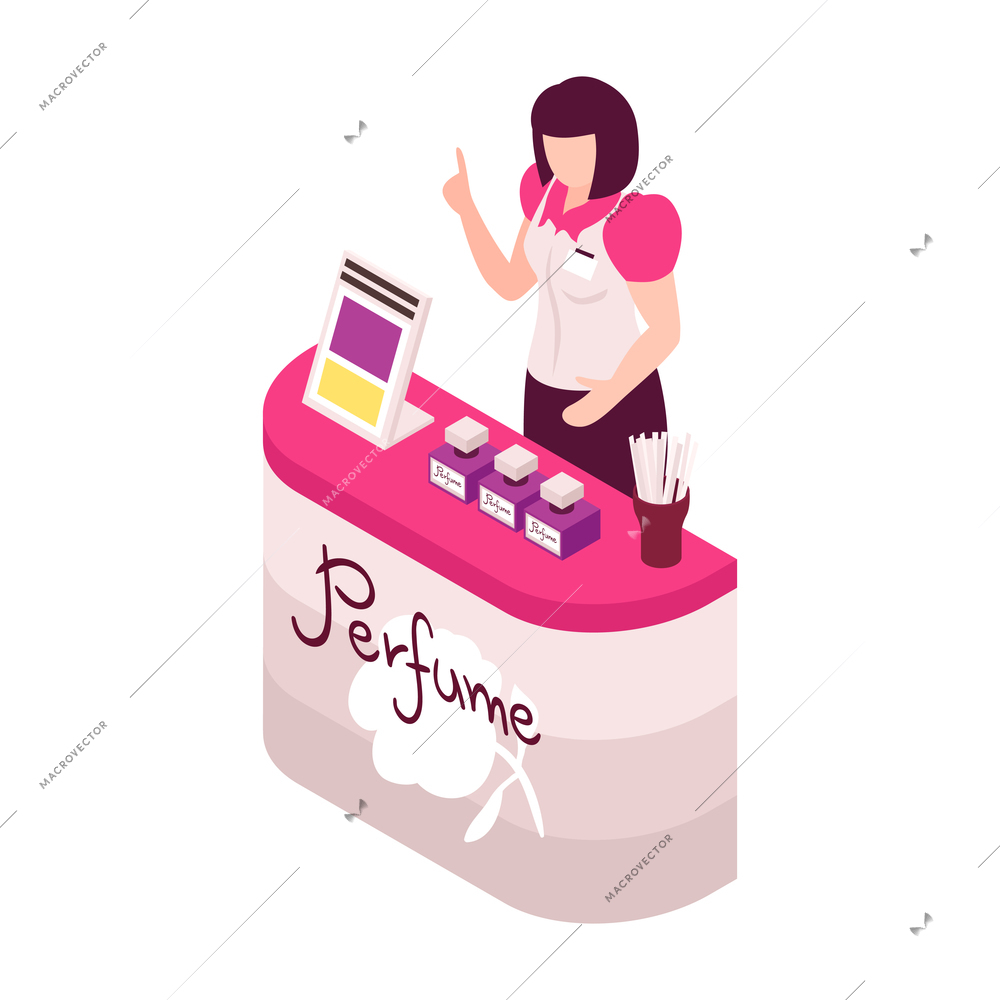 Isometric perfume composition with isolated image of shop counter with female assistant vector illustration