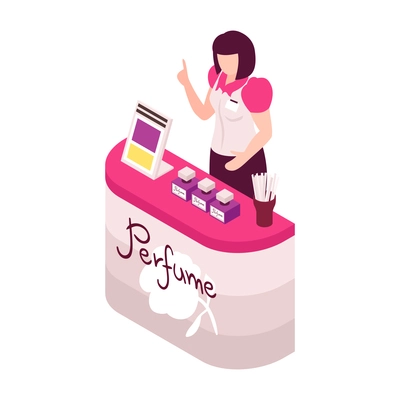 Isometric perfume composition with isolated image of shop counter with female assistant vector illustration