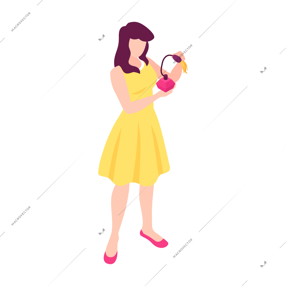 Isometric perfume composition with isolated female character holding vintage flask of perfume vector illustration