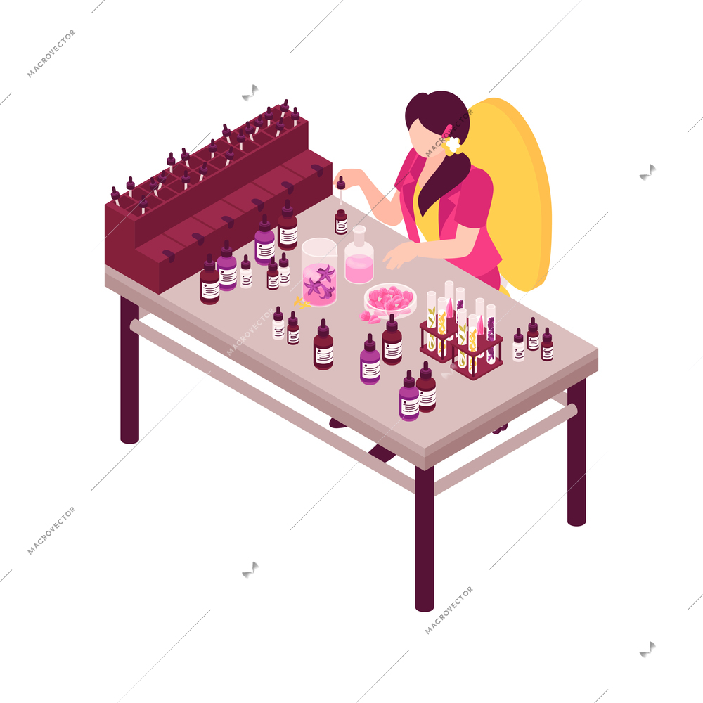 Isometric perfume composition with isolated view of working place with female specialist making new aroma vector illustration