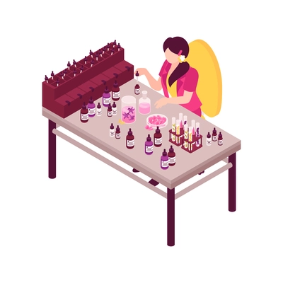 Isometric perfume composition with isolated view of working place with female specialist making new aroma vector illustration