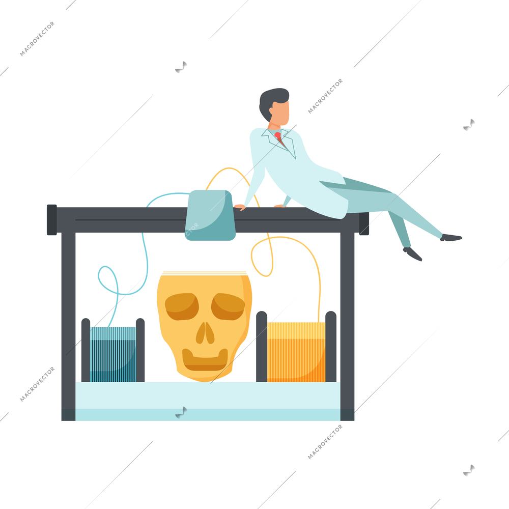 Future biotechnology flat icons composition with 3d printer making human skull with male scientist vector illustration