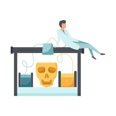 Future biotechnology flat icons composition with 3d printer making human skull with male scientist vector illustration