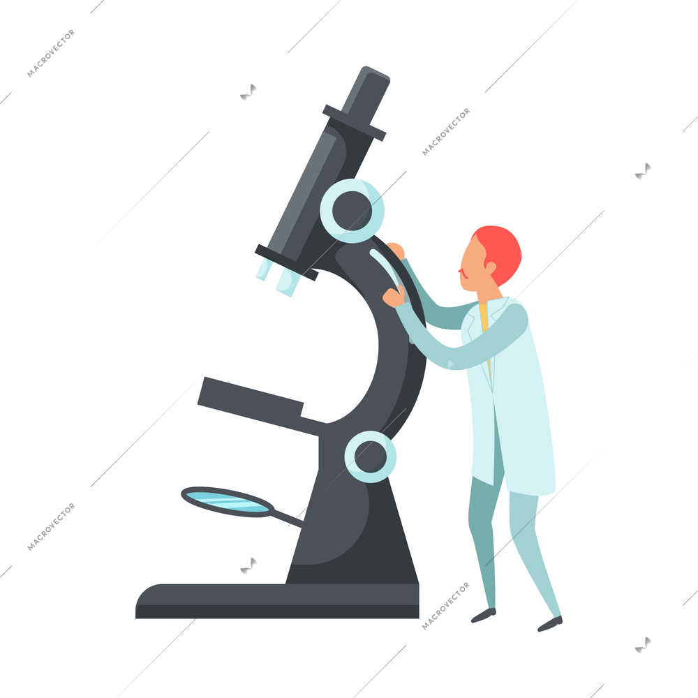 Future biotechnology flat icons composition with character of male scientist and big microscope vector illustration