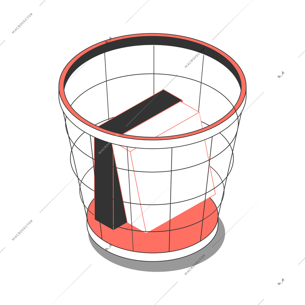 Office isometric composition with isolated image of rubbish basket with documents vector illustration