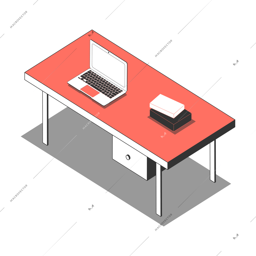 Office isometric composition with isolated image of table with laptop and documents vector illustration