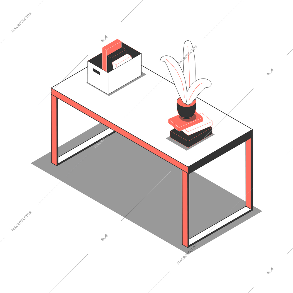 Office isometric composition with isolated image of table with documents and plant in pot vector illustration