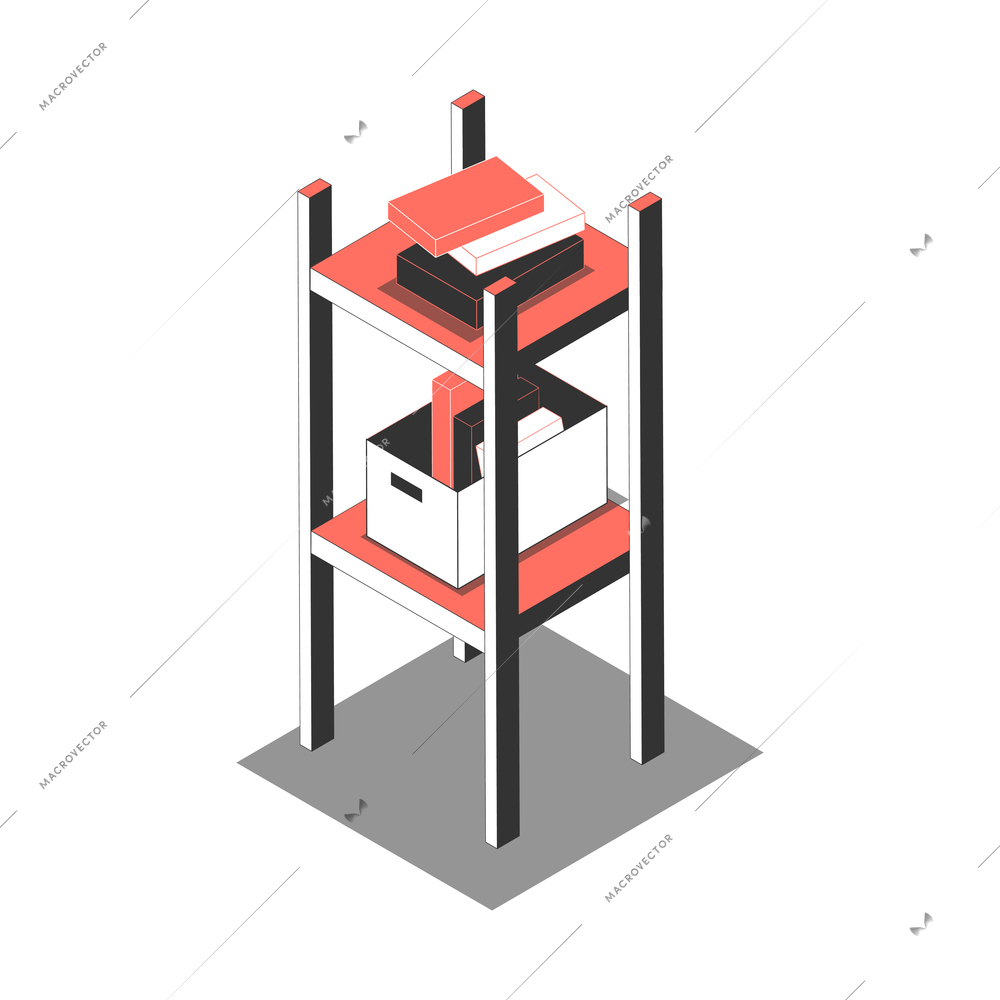 Office isometric composition with isolated image of shelves with boxes and document folders vector illustration