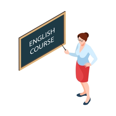 Isometric learning language training center composition with female teacher of english at blackboard vector illustration