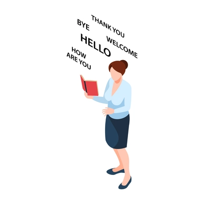 Isometric learning language training center composition with female student learning new words from book vector illustration
