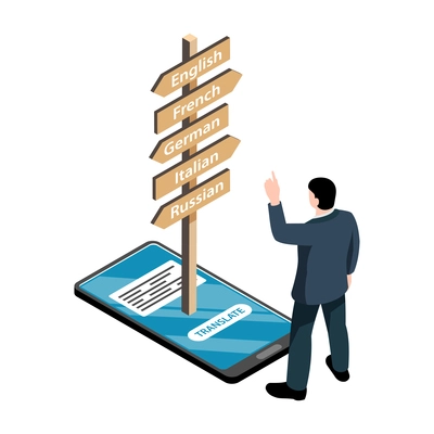 Isometric learning language training center composition with man and smartphone with languages on wooden signboards vector illustration
