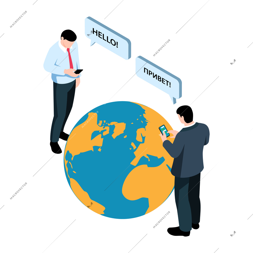 Isometric learning language training center composition with icon of earth globe and people with smartphones and chat bubbles vector illustration