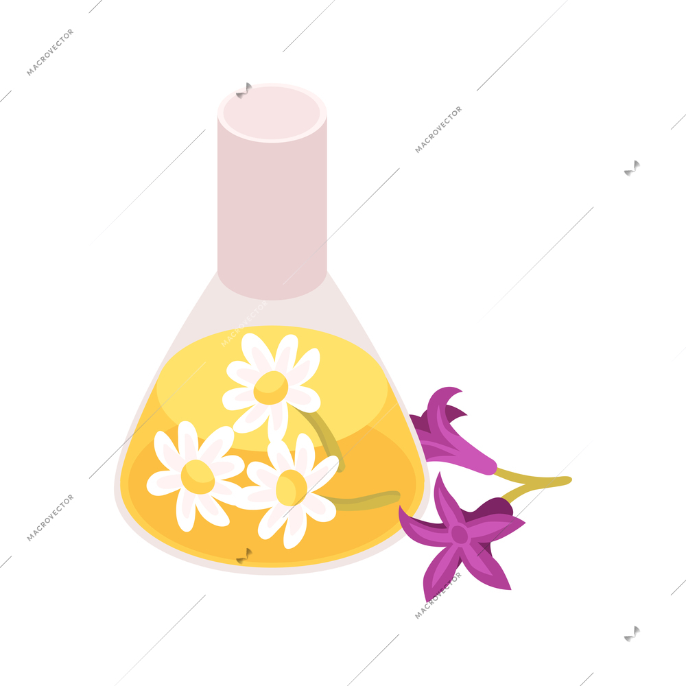 Isometric perfume composition with isolated image of flask with flowers vector illustration