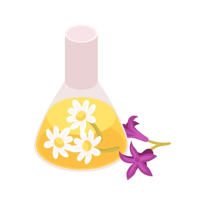 Isometric perfume composition with isolated image of flask with flowers vector illustration