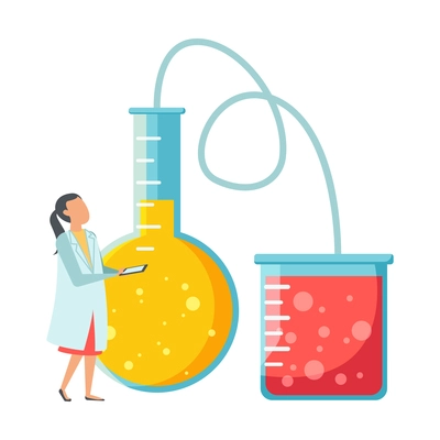 Future biotechnology flat icons composition with glass flasks with colorful liquids pipes and female scientist vector illustration