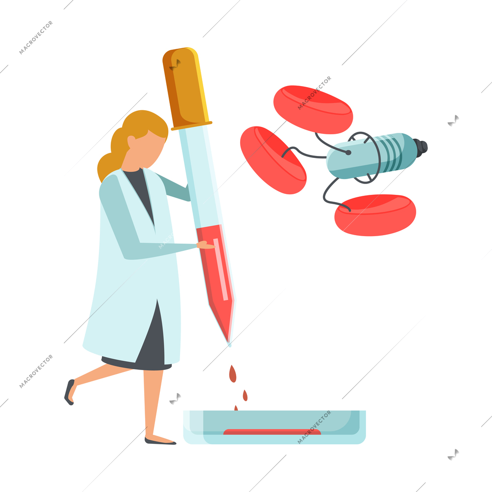 Future biotechnology flat icons composition with female scientist performing blood test vector illustration