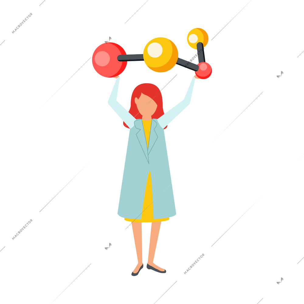 Future biotechnology flat icons composition with female scientist character holding molecule model vector illustration