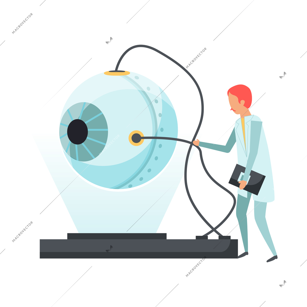 Future biotechnology flat icons composition with human eye with connected sensors and character of scientist vector illustration