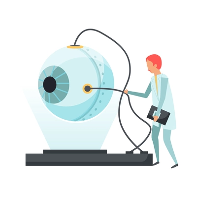 Future biotechnology flat icons composition with human eye with connected sensors and character of scientist vector illustration