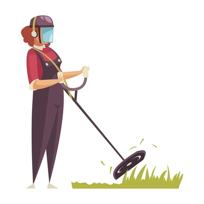 Professional gardener grass shrubbery trees hedges composition with character of woman with grass cutter machine vector illustration