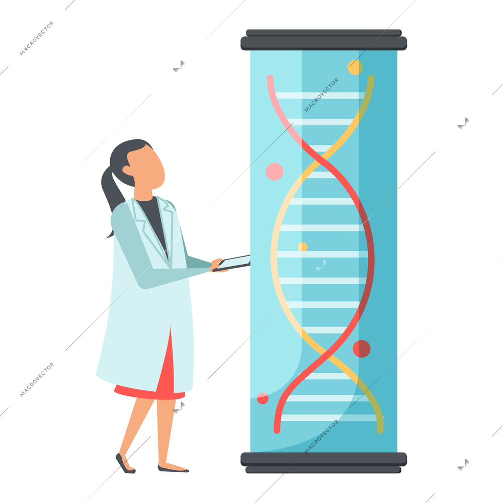 Future biotechnology flat icons composition with female scientist character and tube with dna sign vector illustration